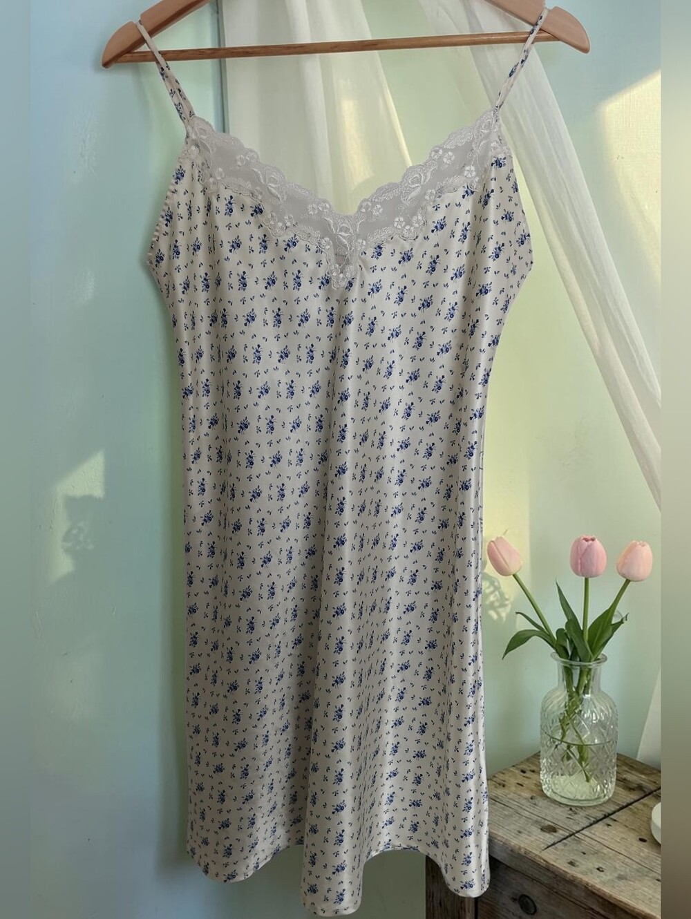 Vintage Y2K Jessica Cream Slip Dress with Blue Floral Print and Lace Trim